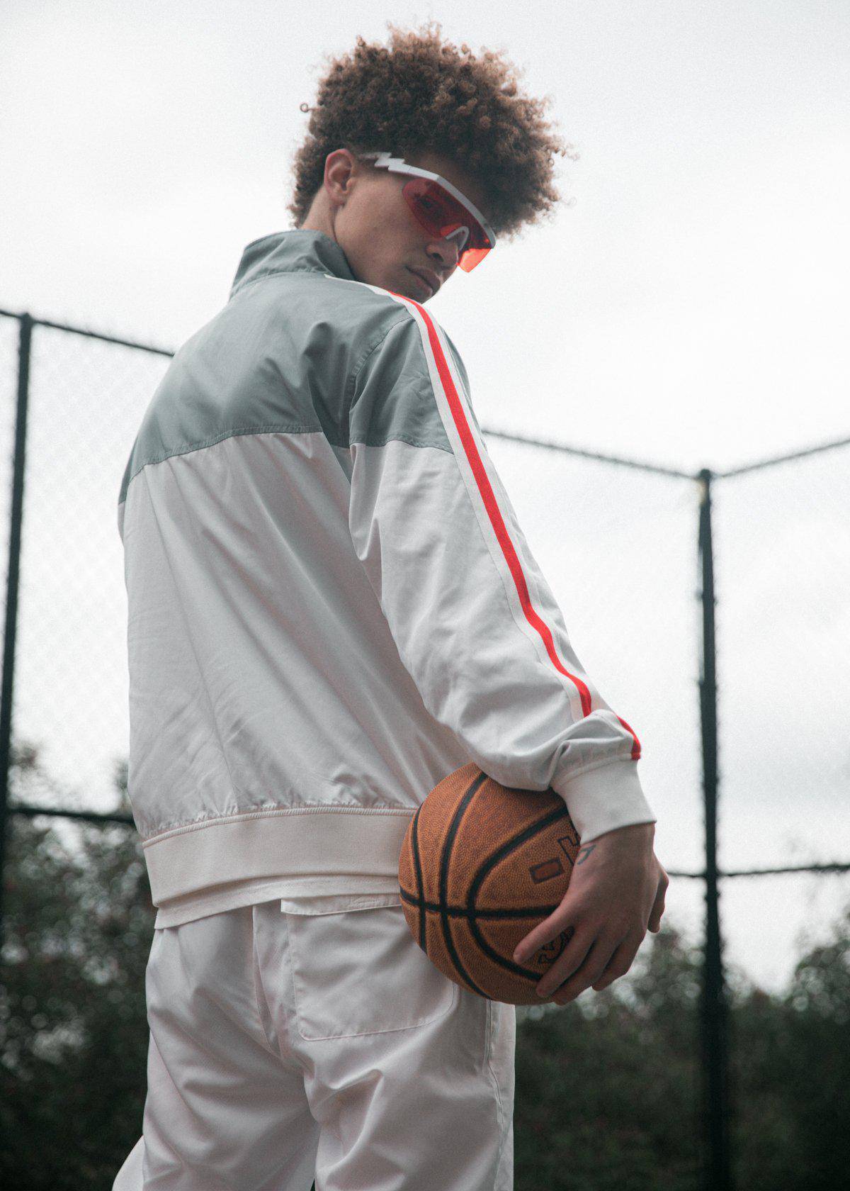 Blank State Men's Retro Swishy Track Jacket in White/Grey