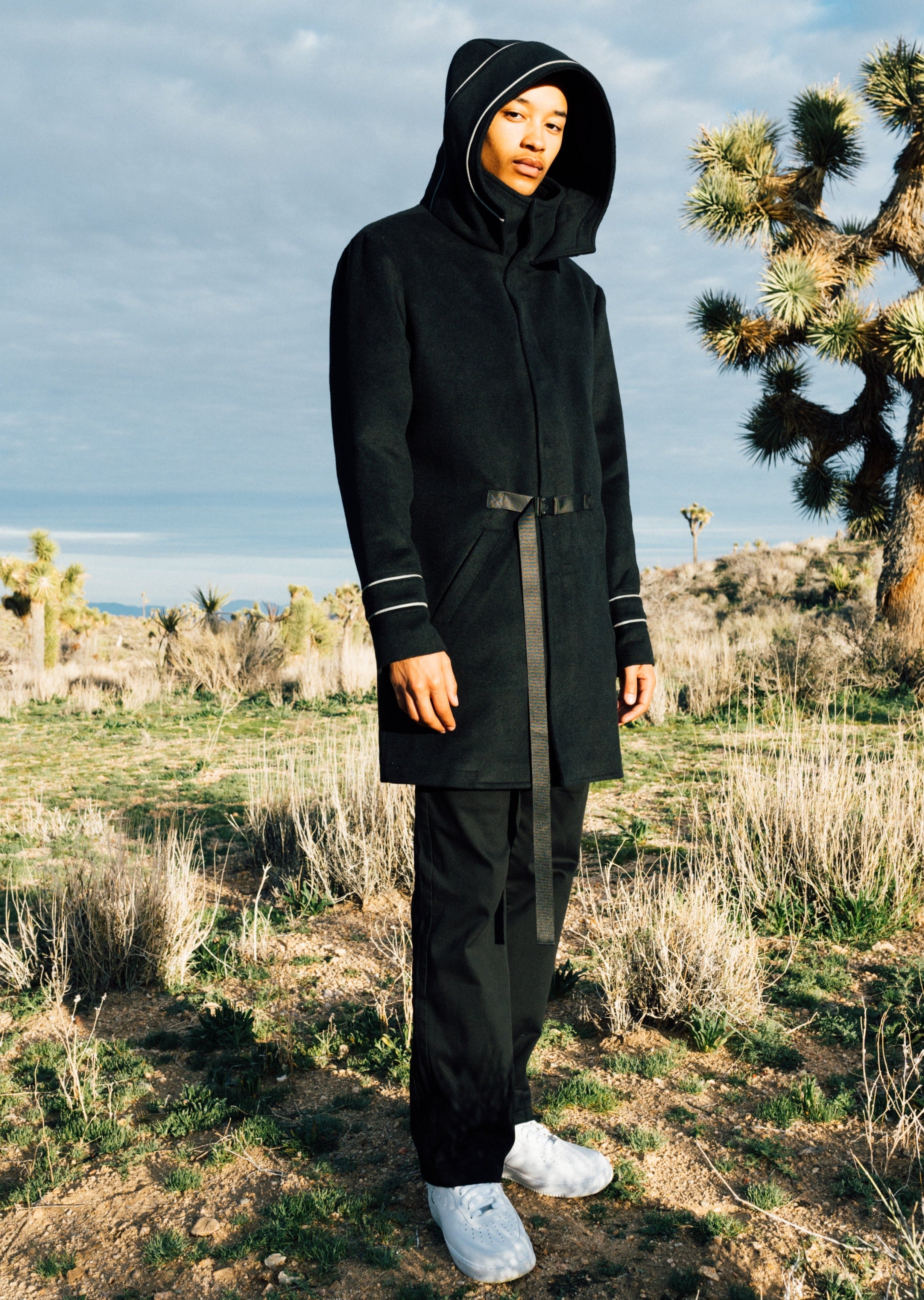 Men's Wool Blend Hooded Coat with Reflective Piping In Black