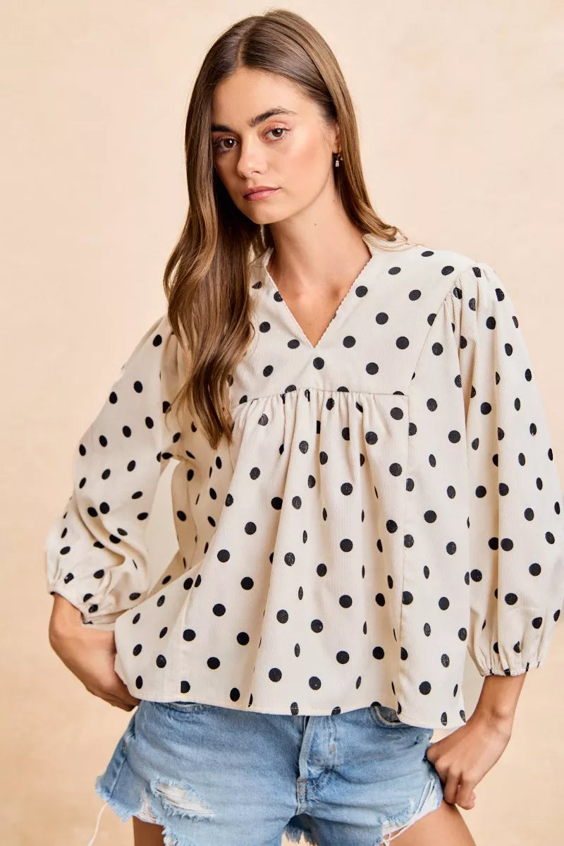 BiBi Polka Dot Corduroy Quarter Sleeves V Neck Blouse