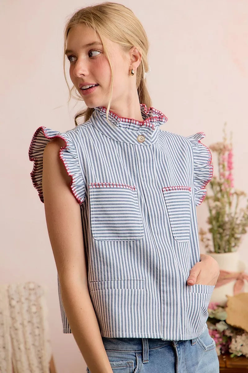 SO ME Stripe Twill Stitch Ruffled Hidden Button Vest Top
