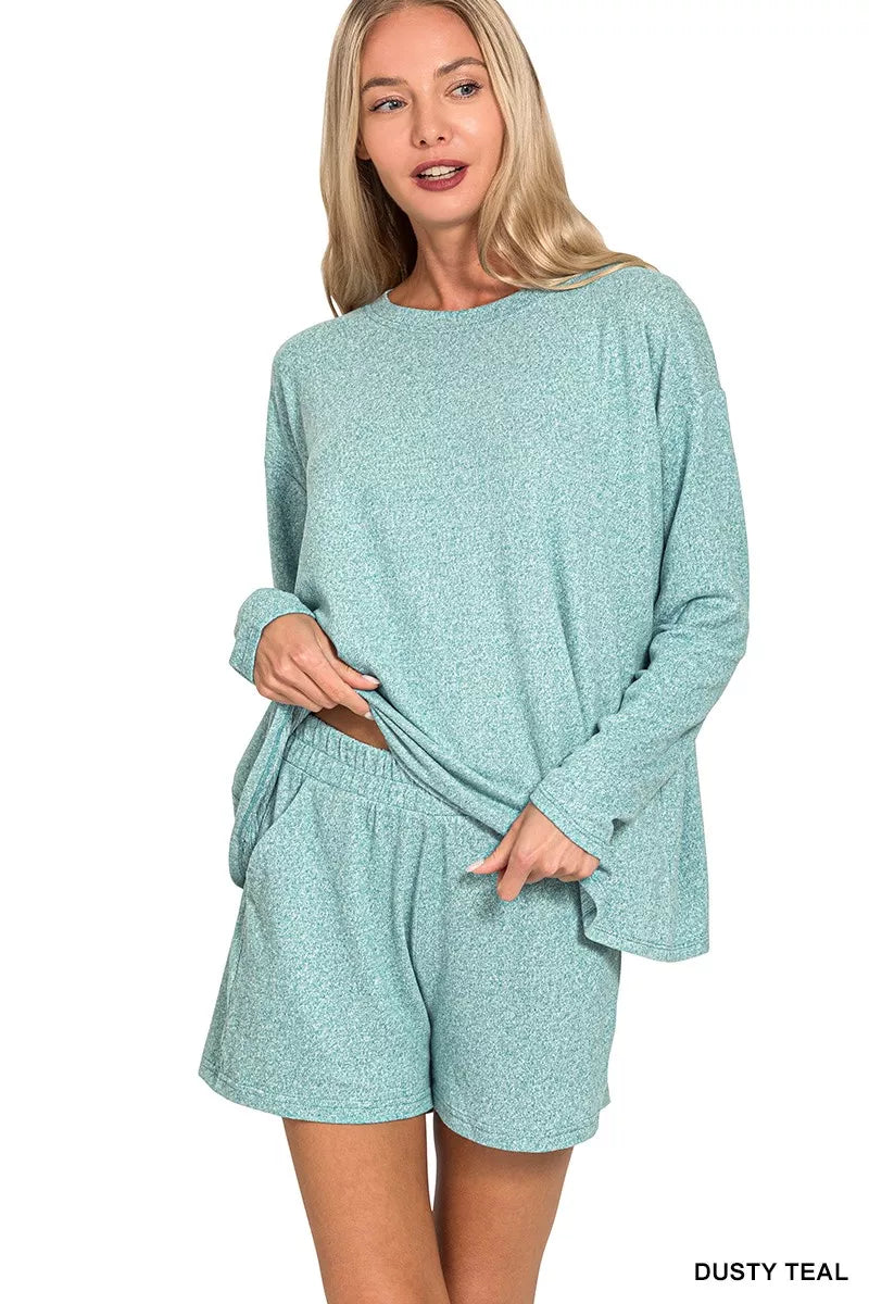 Zenana Soft Melange Long Sleeve Tee and Shorts Set