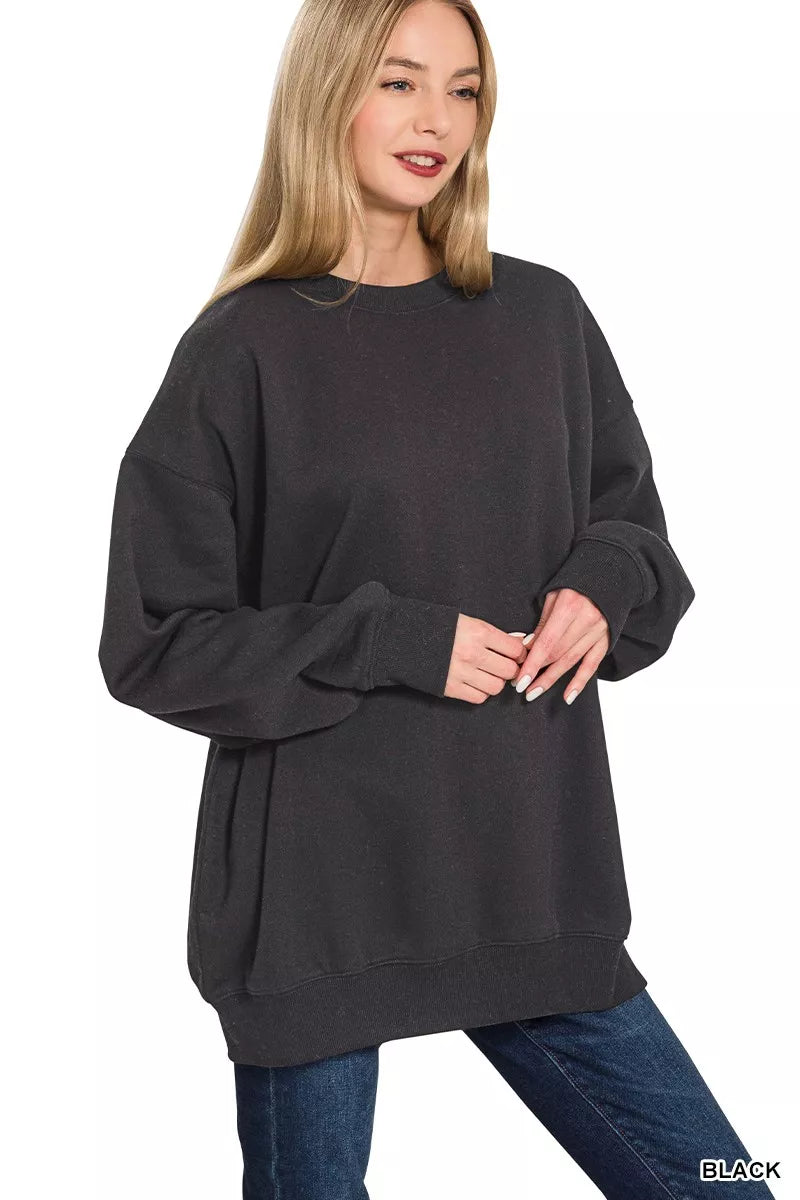 Zenana Oversized Round Neck Fleece Tunic Sweatshirt