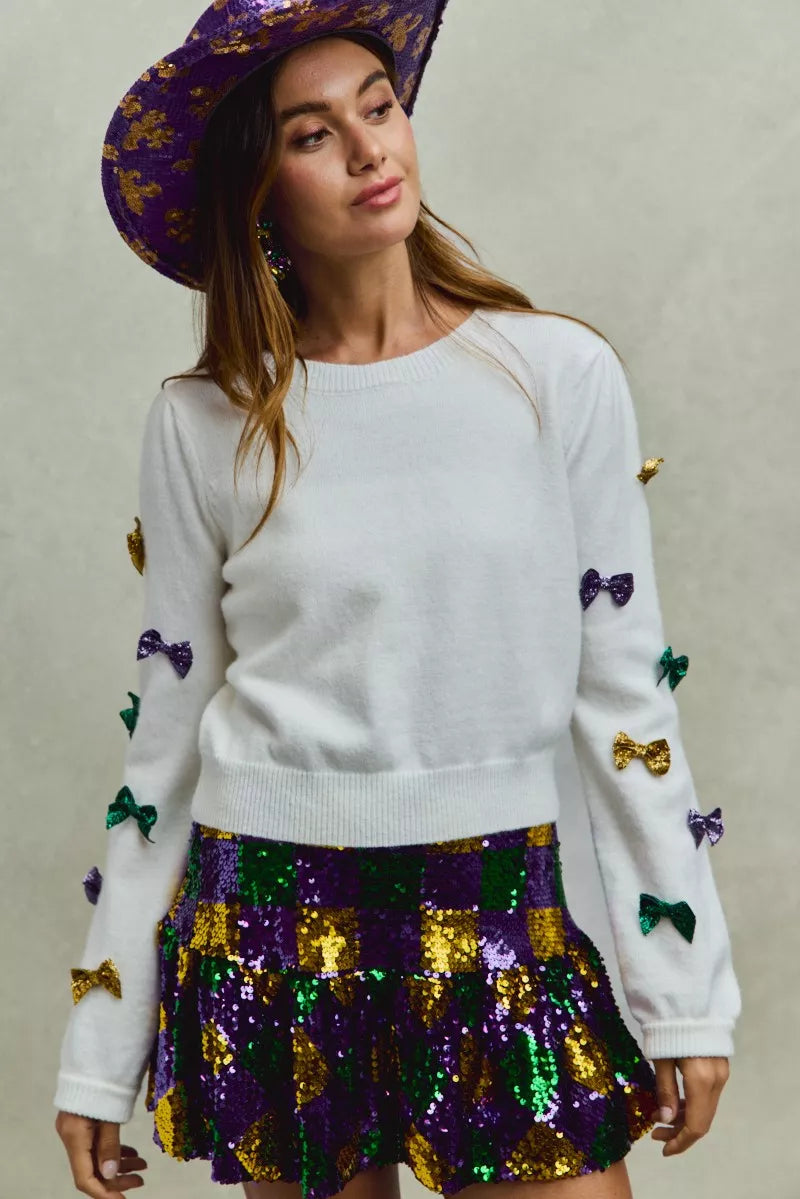 SO ME Mardi Gras Glitter Bow Ribbon Sweater Knit Top