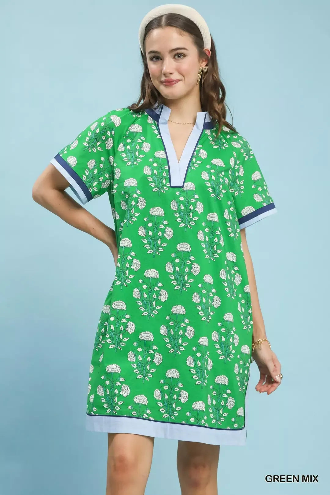 Umgee Printed Split Neck Short Sleeve Shift Dress