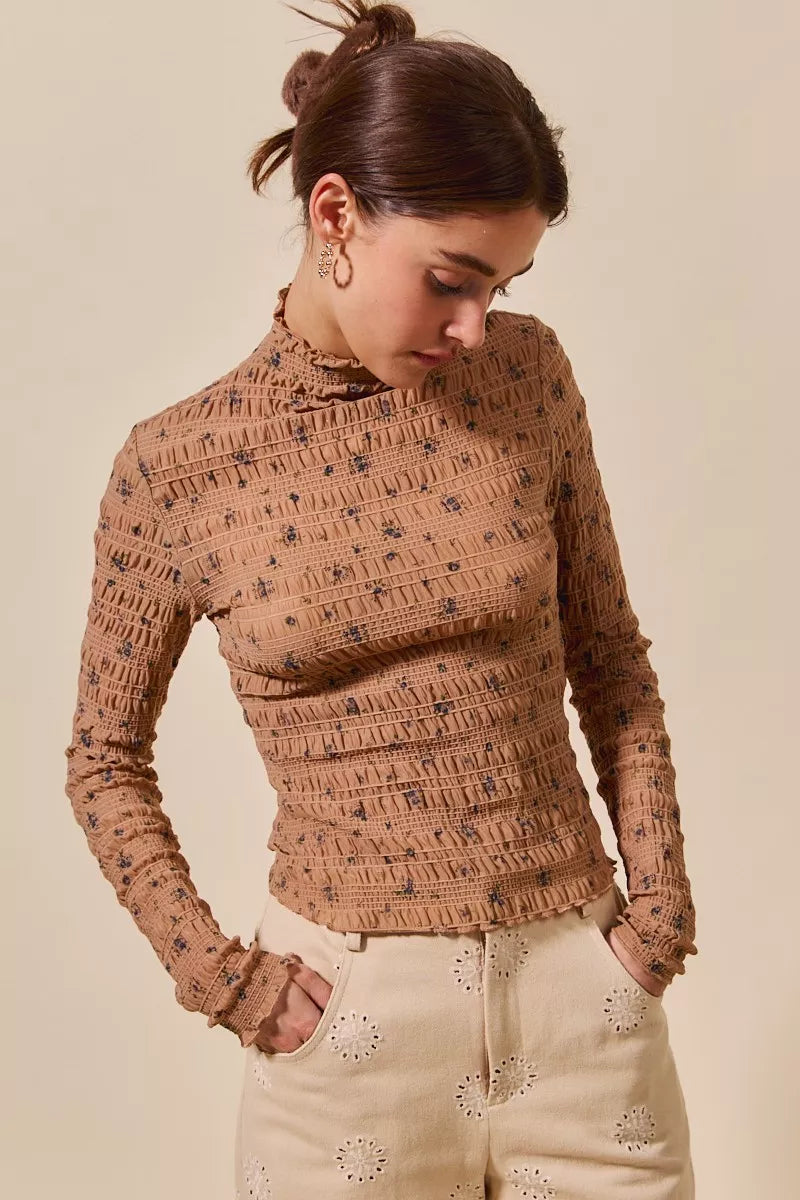SO ME Floral Print Textured Long Sleeve Knit Top