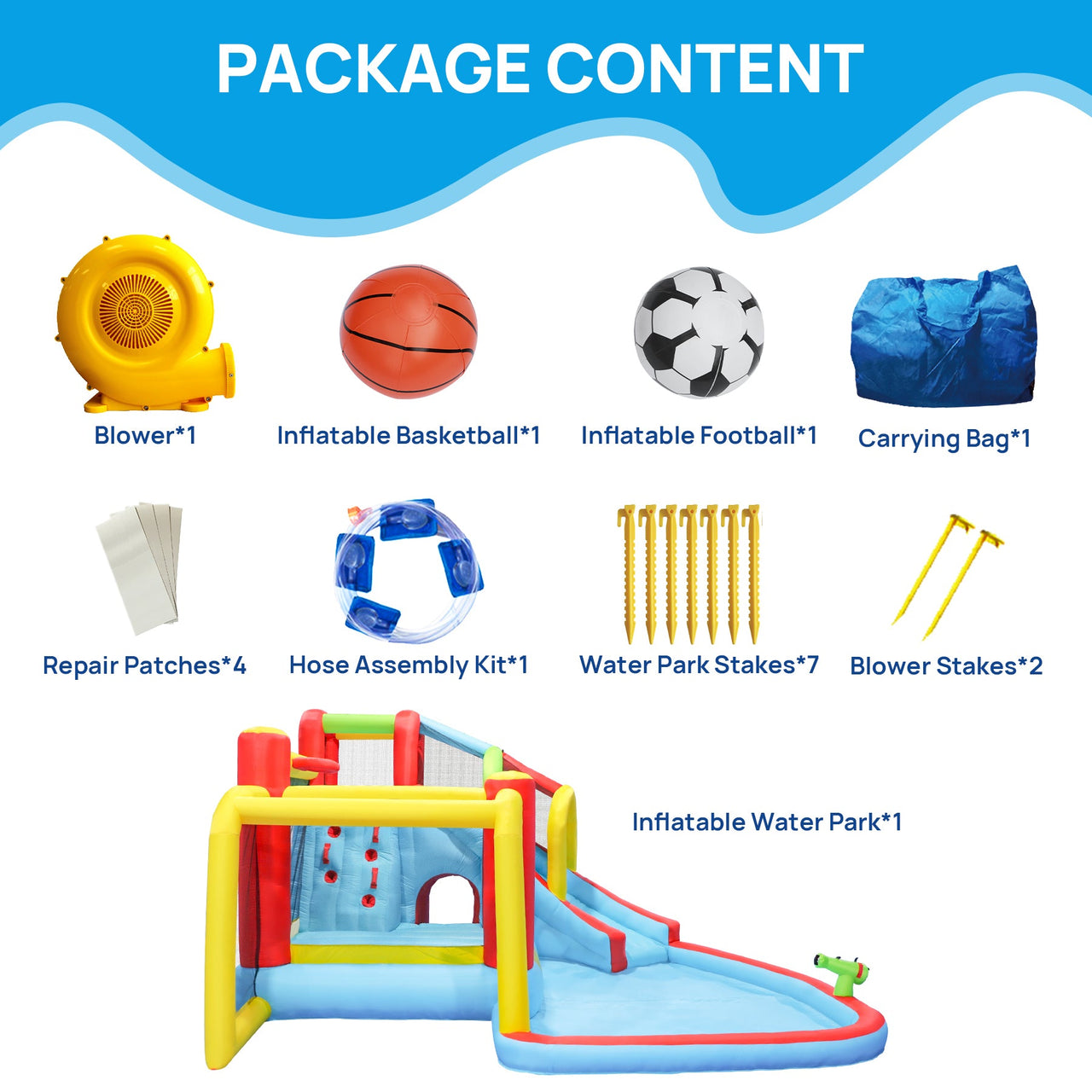7 in1 Inflatable slide water park bouncing house outdoor Soccer garden bouncer with Splash pool  & Water gun & Climbing wall & Basketball & Football