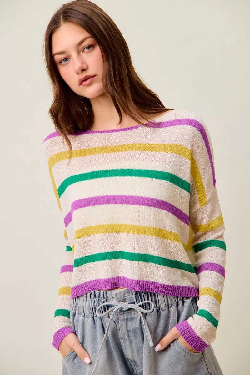 SO ME Mardi Gras Color Stripe Lightweight Sweater Top