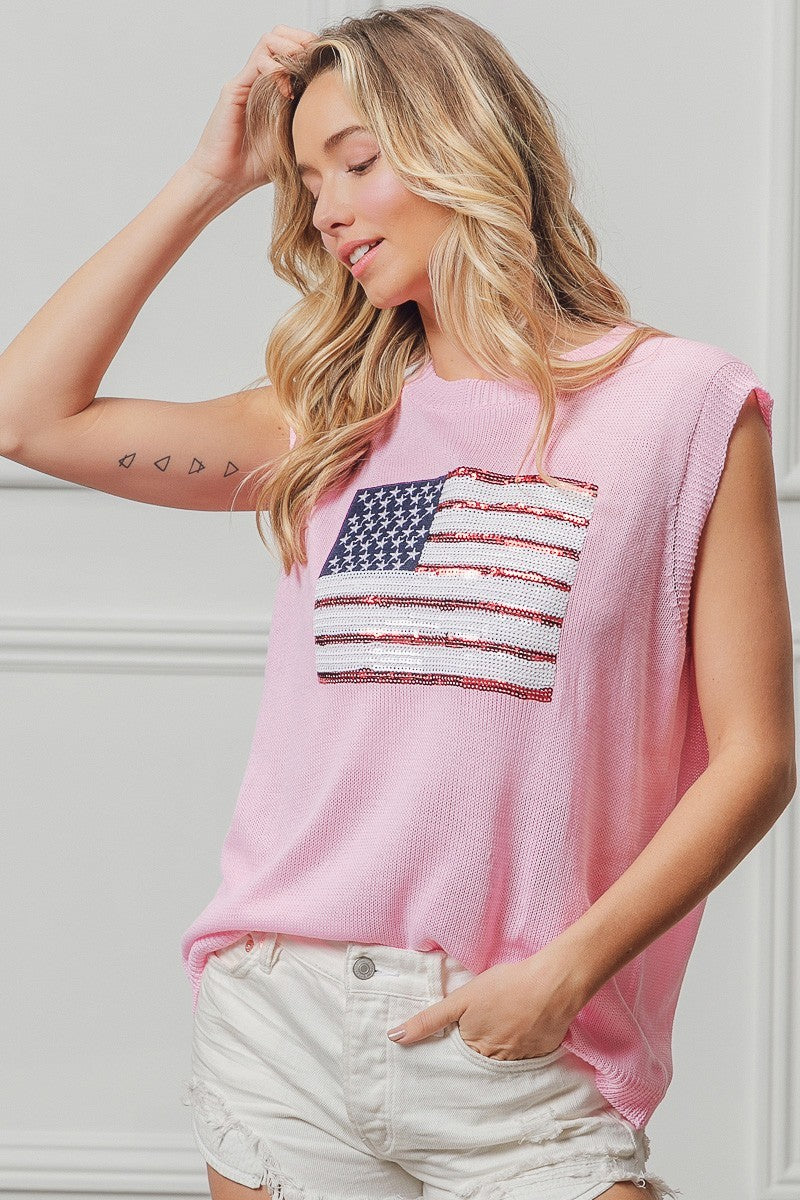 BiBi American Flag Sequins Patch Knit Top