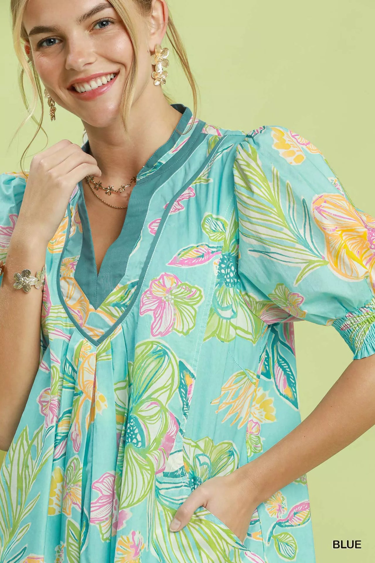 Umgee Botanical Print Dress with Smocked Cuffs