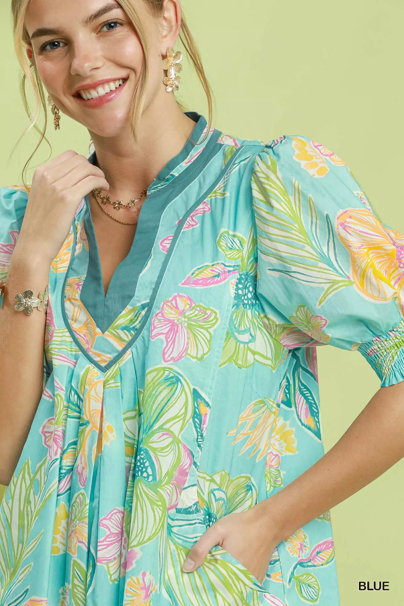 Umgee Botanical Print Dress with Smocked Cuffs