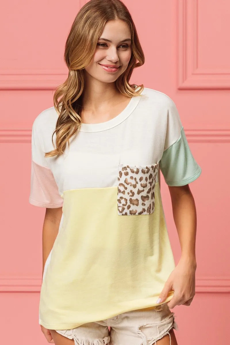 BiBi Leopard Front Pocket Ft Color Block Crew Neck Top