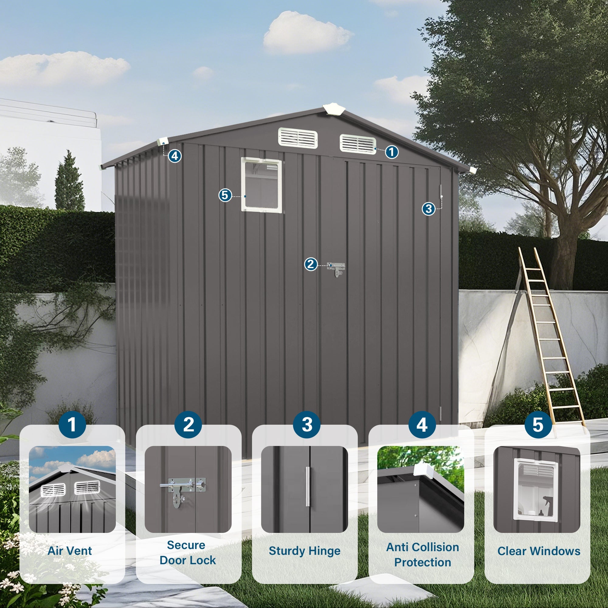 6X3.5FT Compact Metal Outdoor Storage Shed with Peaked Roof and Lockable Door, Gray,