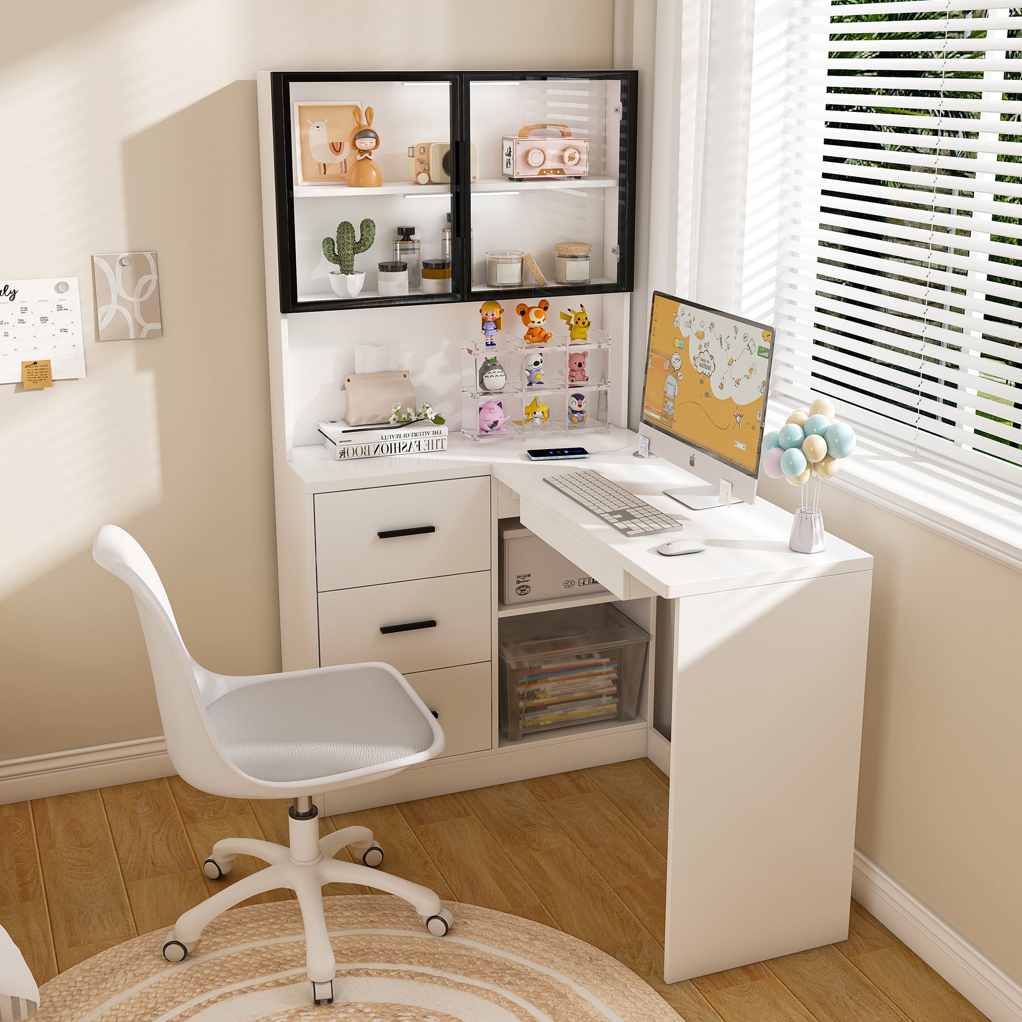 White L-Shaped Computer Desk with Glass Cabinets, Built-In LED Lights, USB Charging Ports, and Keyboard Tray - Ergonomic Office Furniture for Home and Corporate Workspaces