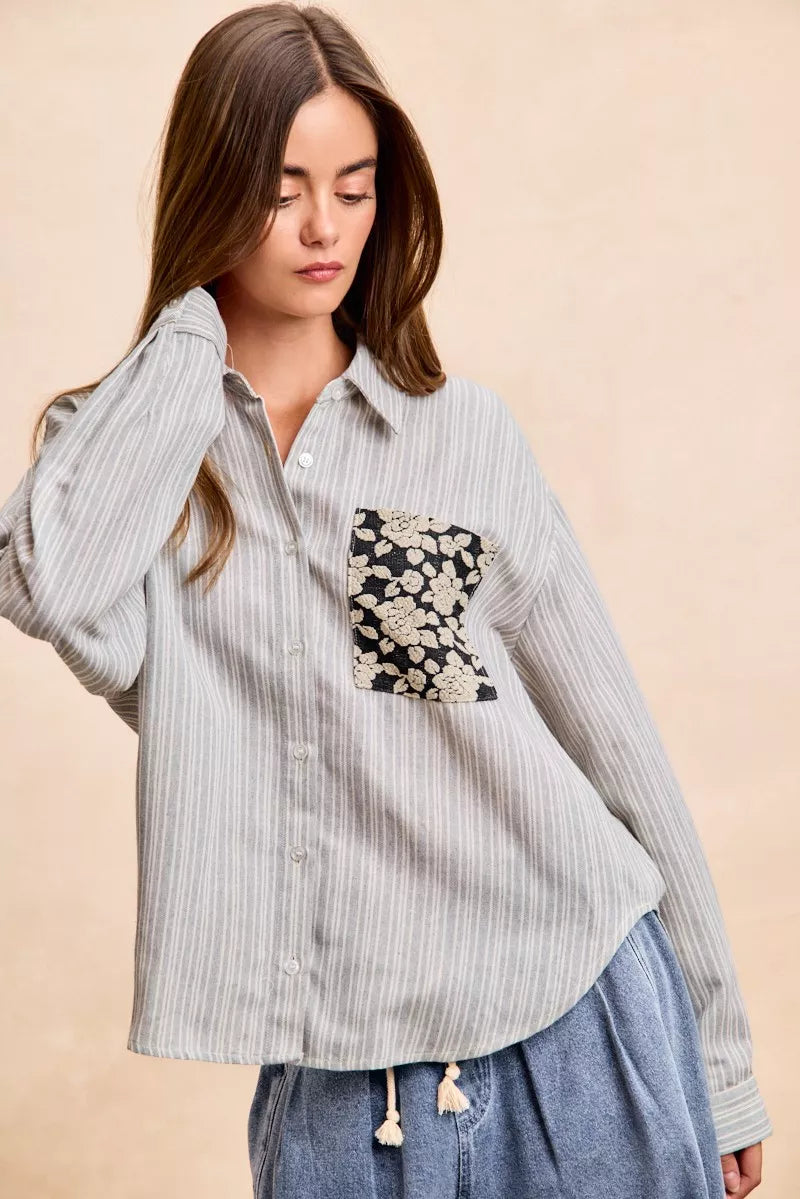 BiBi Flower Jacquard Knit Patch Pocket Stripe Shirt