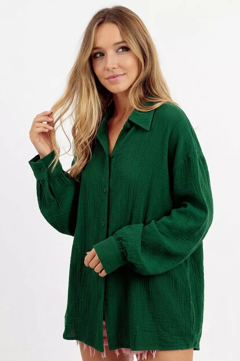 BiBi Oversized Wrinkled Gauze Button Up Shirt Top