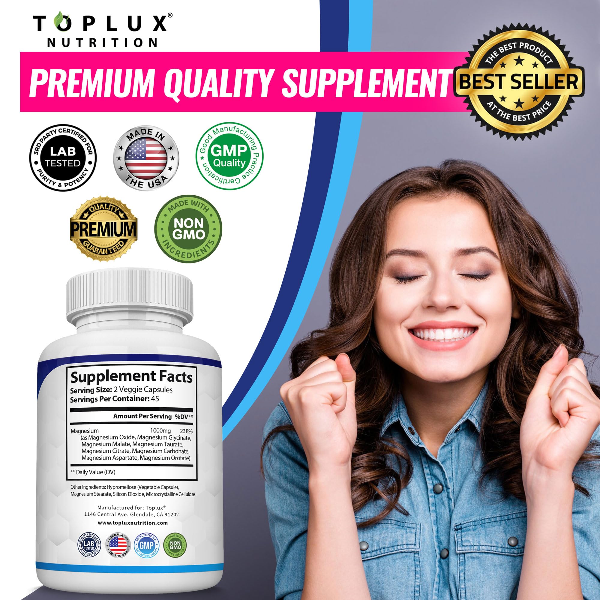 Magnesium Complex Supplement 8 Elemental 1000mg - Magnesium Glycinate, Citrate, Malate, Taurate, Chelated for Easy Absorption for Bones, Muscle, Recovery, Energy, Vegan Non-GMO 90 Capsules