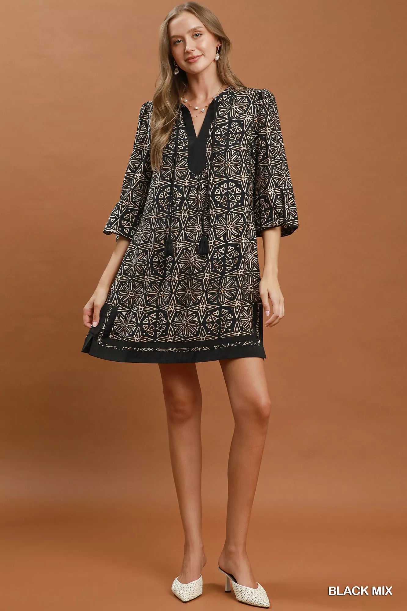 Umgee Mix Geometric Print V-Neck Tassel Detail Tunic Dress