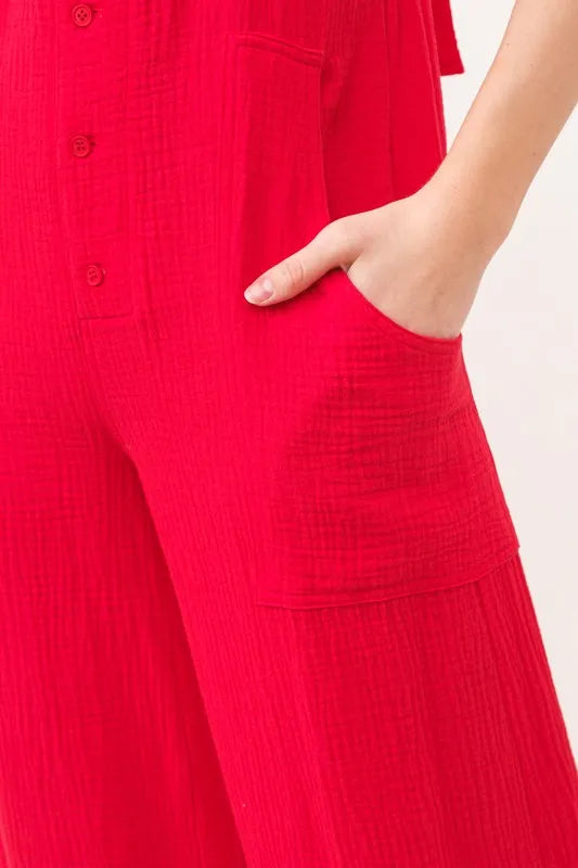 And The Why Gauze Loose Fit Tied Back Overalls