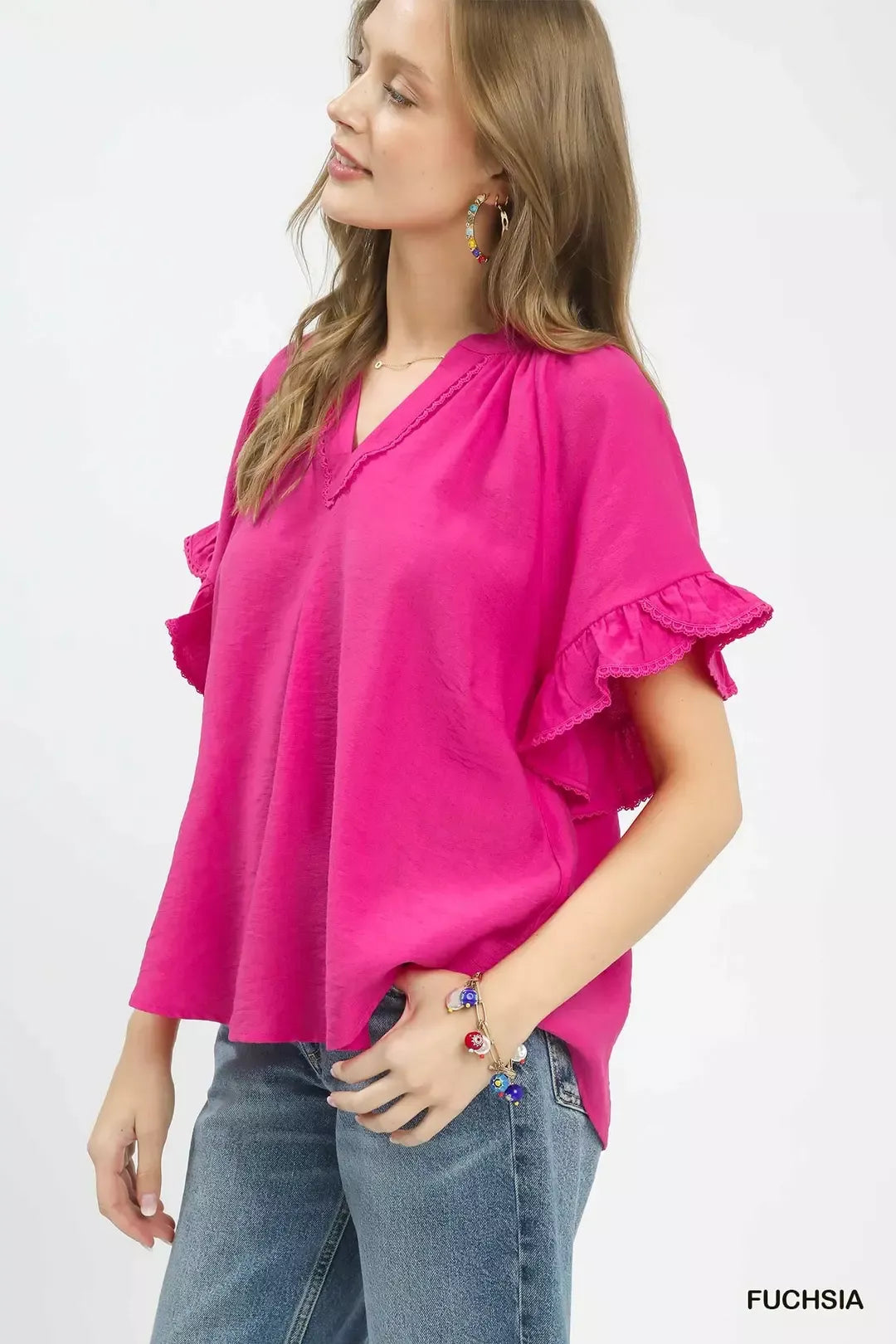 Umgee Ruffle Sleeve V-Neck Flutter Blouse