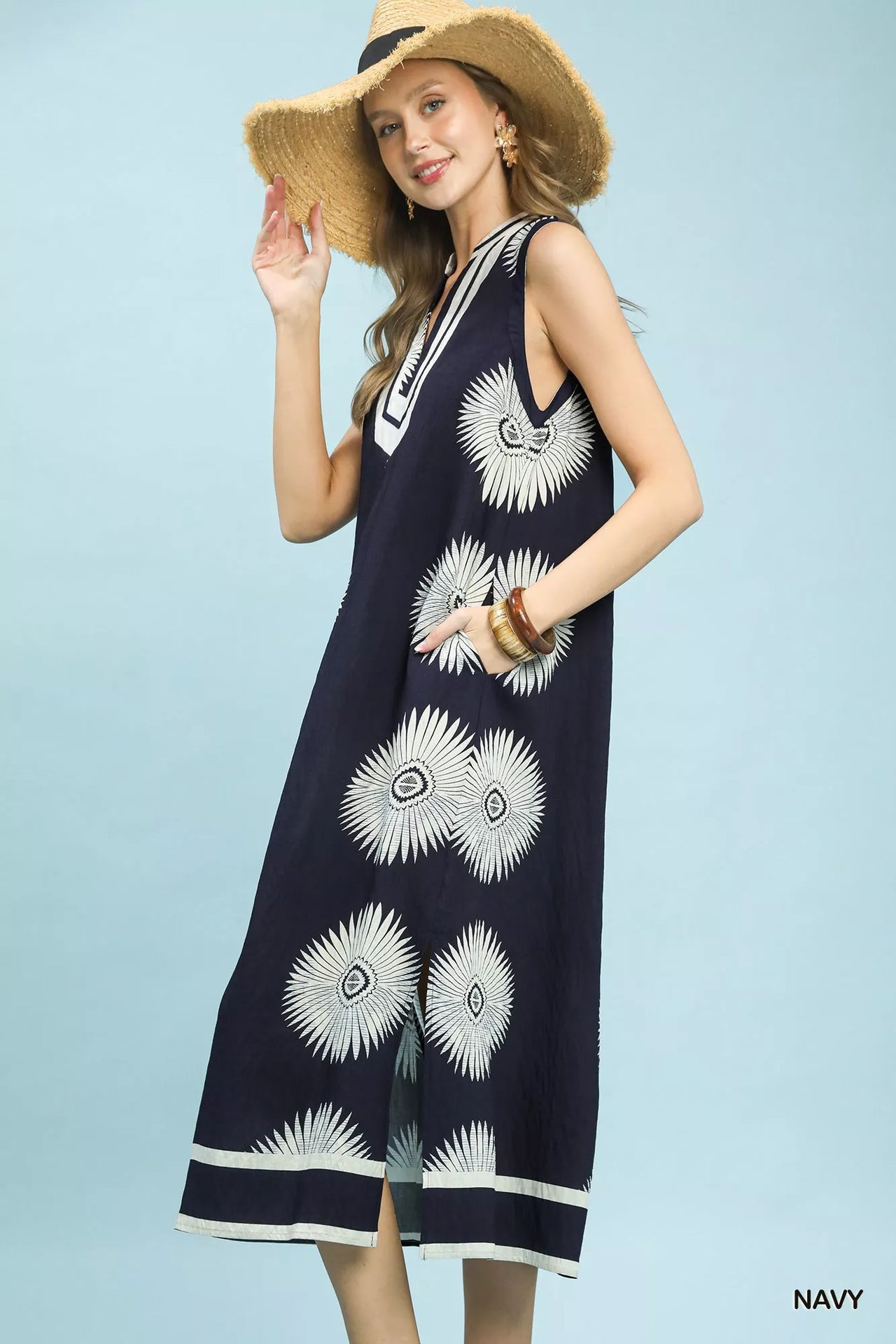 Umgee Sleeveless Geometric Midi Dress
