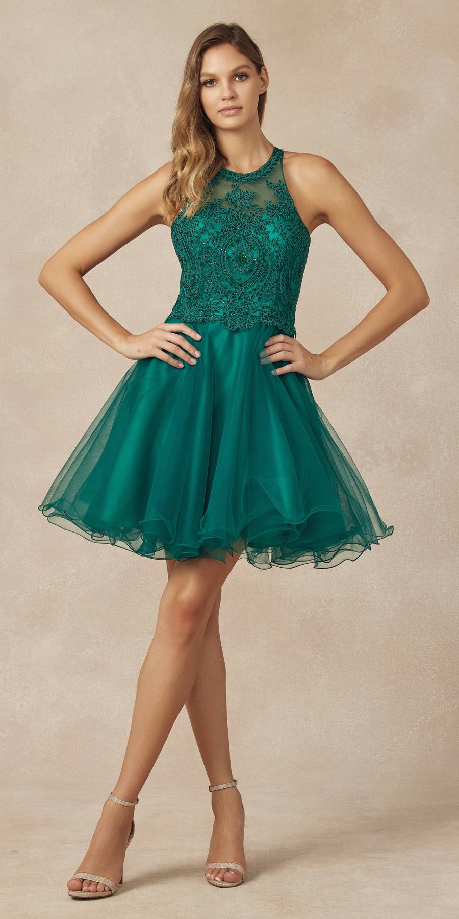 Juliet 826 Fit-and-Flare Halter Neck Short Party Dress