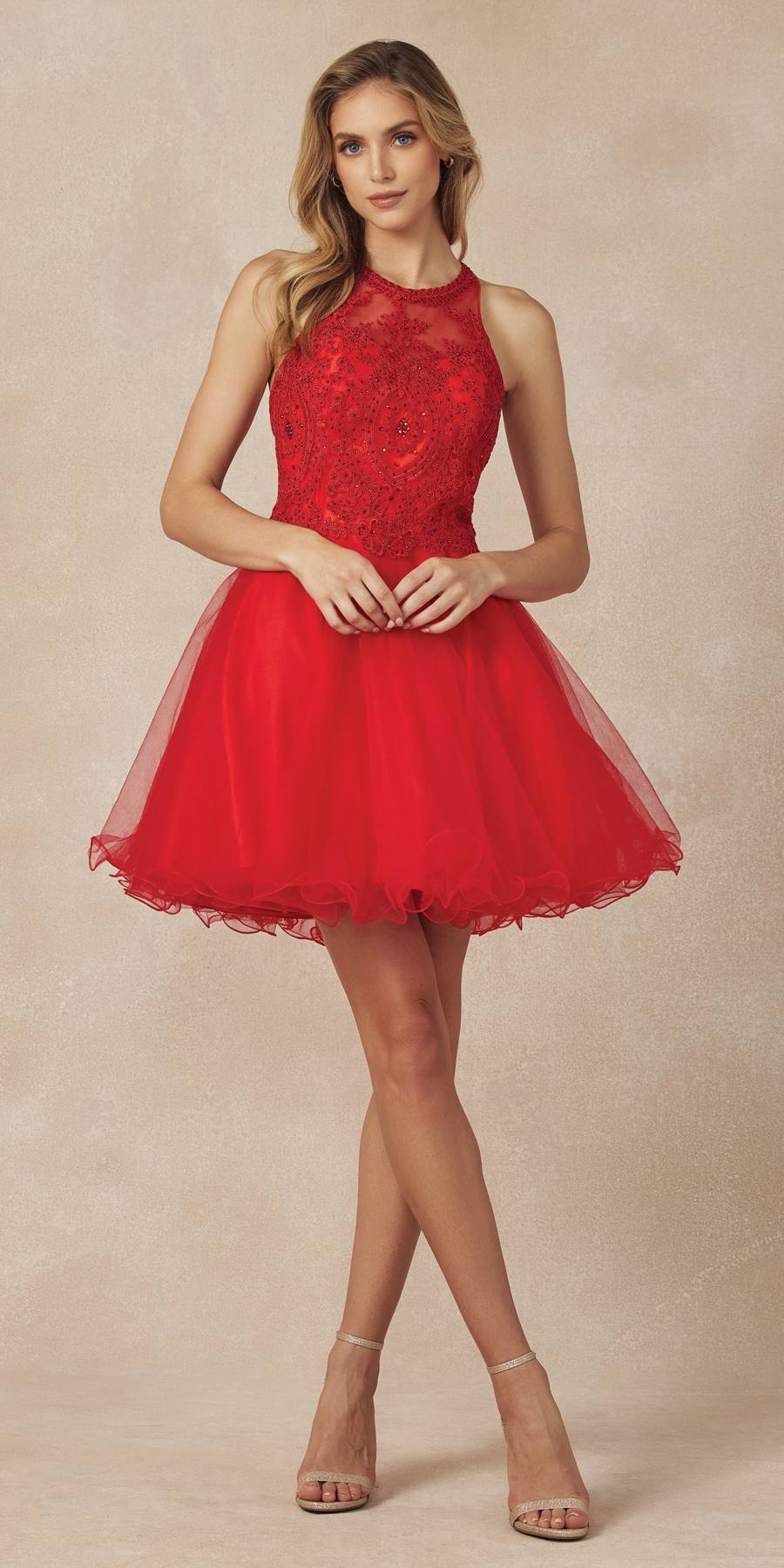 Juliet 826 Fit-and-Flare Halter Neck Short Party Dress