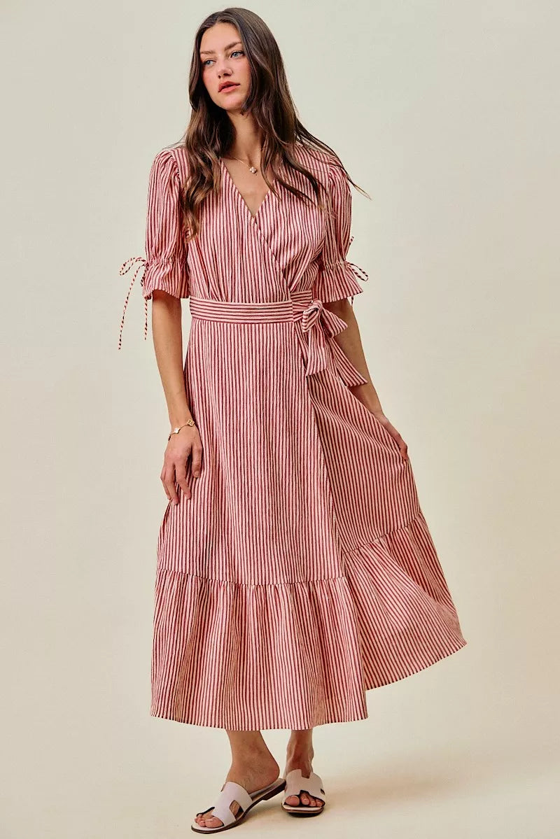 SO ME Stripe Textured Short Sleeves Lined Wrap Midi Dres
