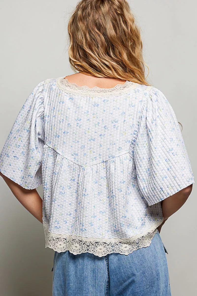 POL Floral Print Lace Trim Blouse