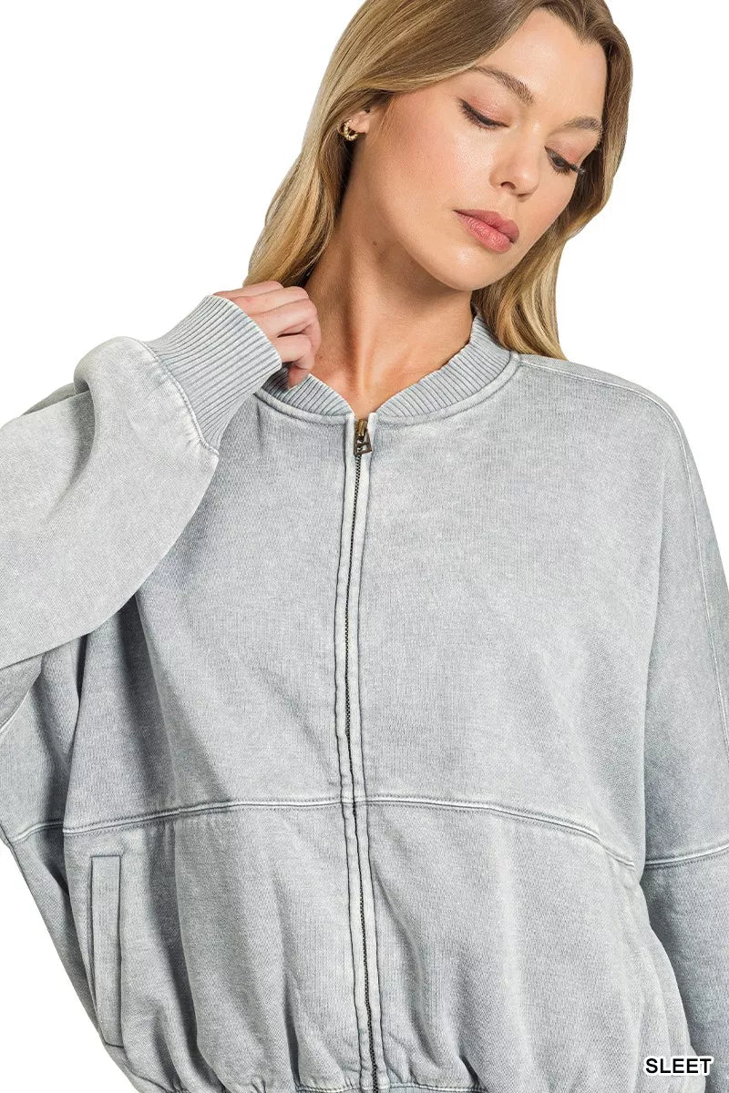 Zenana Acid Washed Fleece Jacket