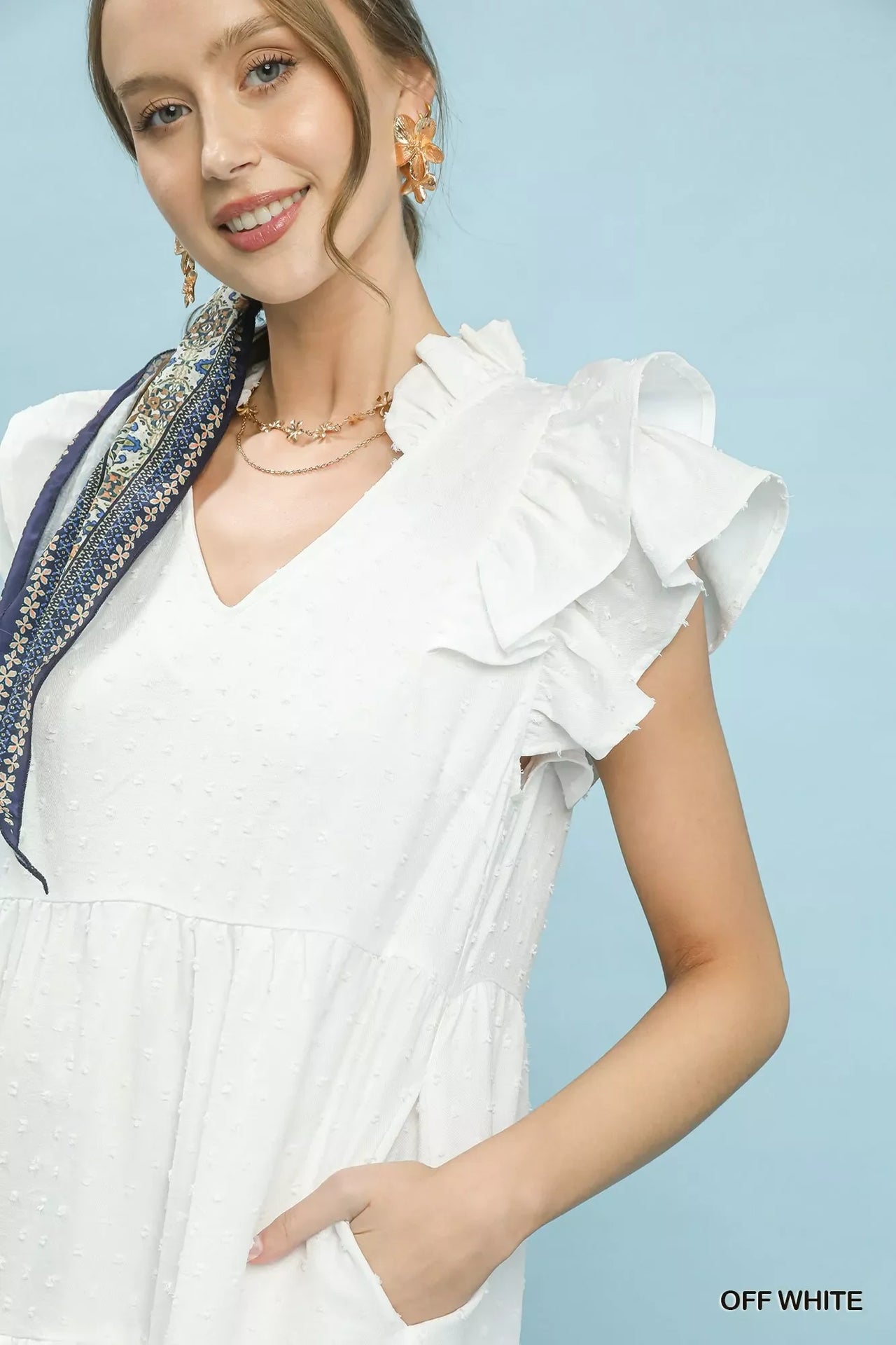 Umgee Textured Ruffle Sleeve Tiered Midi Dress