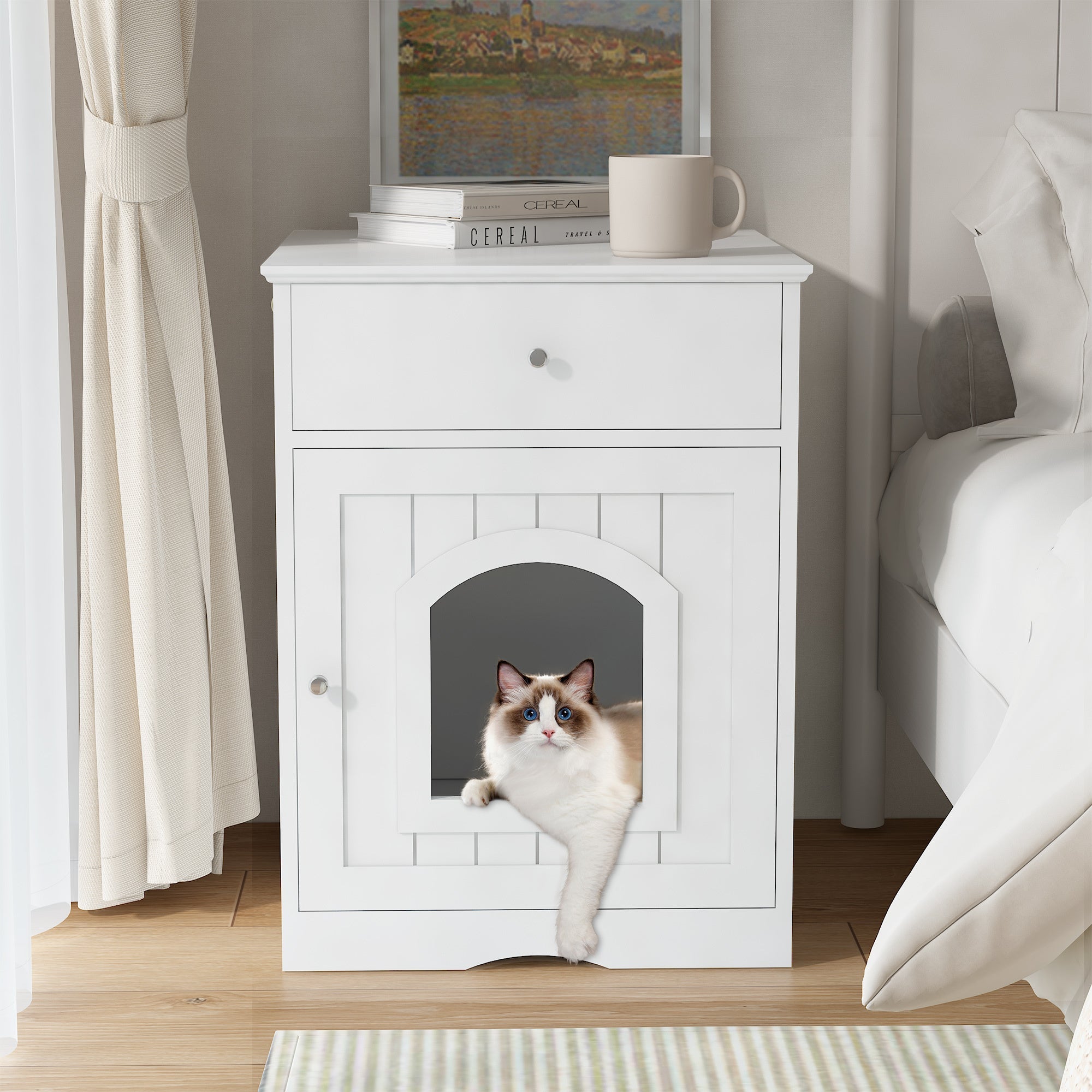 White Wooden Pet House Cat Litter Box Enclosure with Drawer and Side Table, Indoor Cat Home Nightstand for Small Cats, MDF Construction, 18.9'' W x 20.9'' D x 25'' H