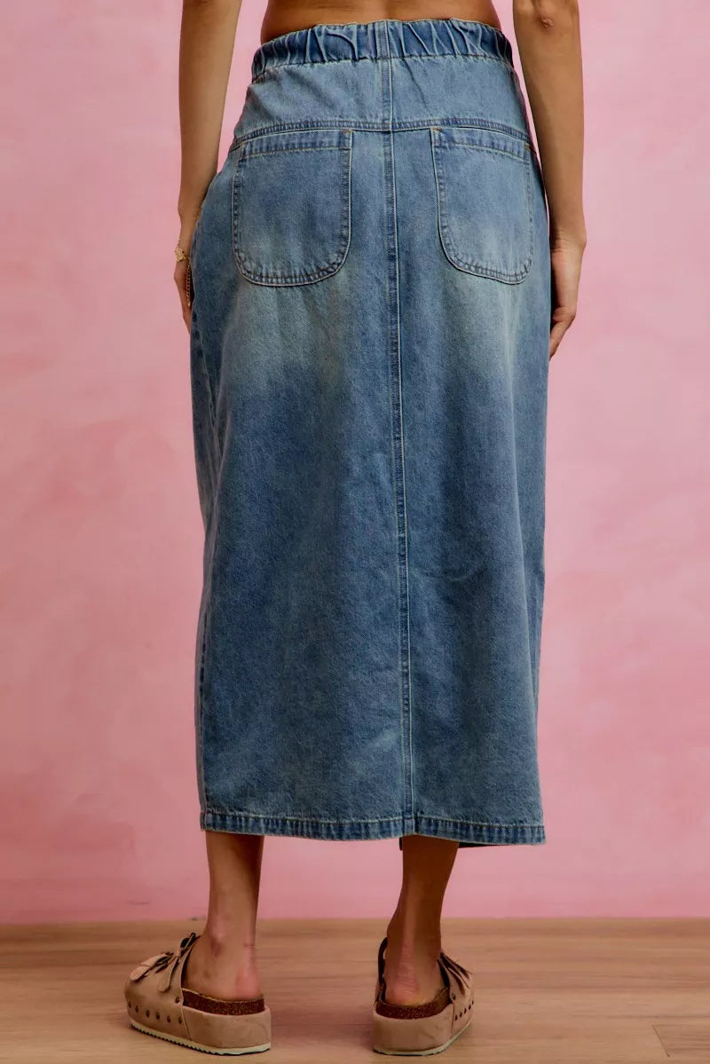 SO ME Pleated Washed Denim Skirt With Front Slit