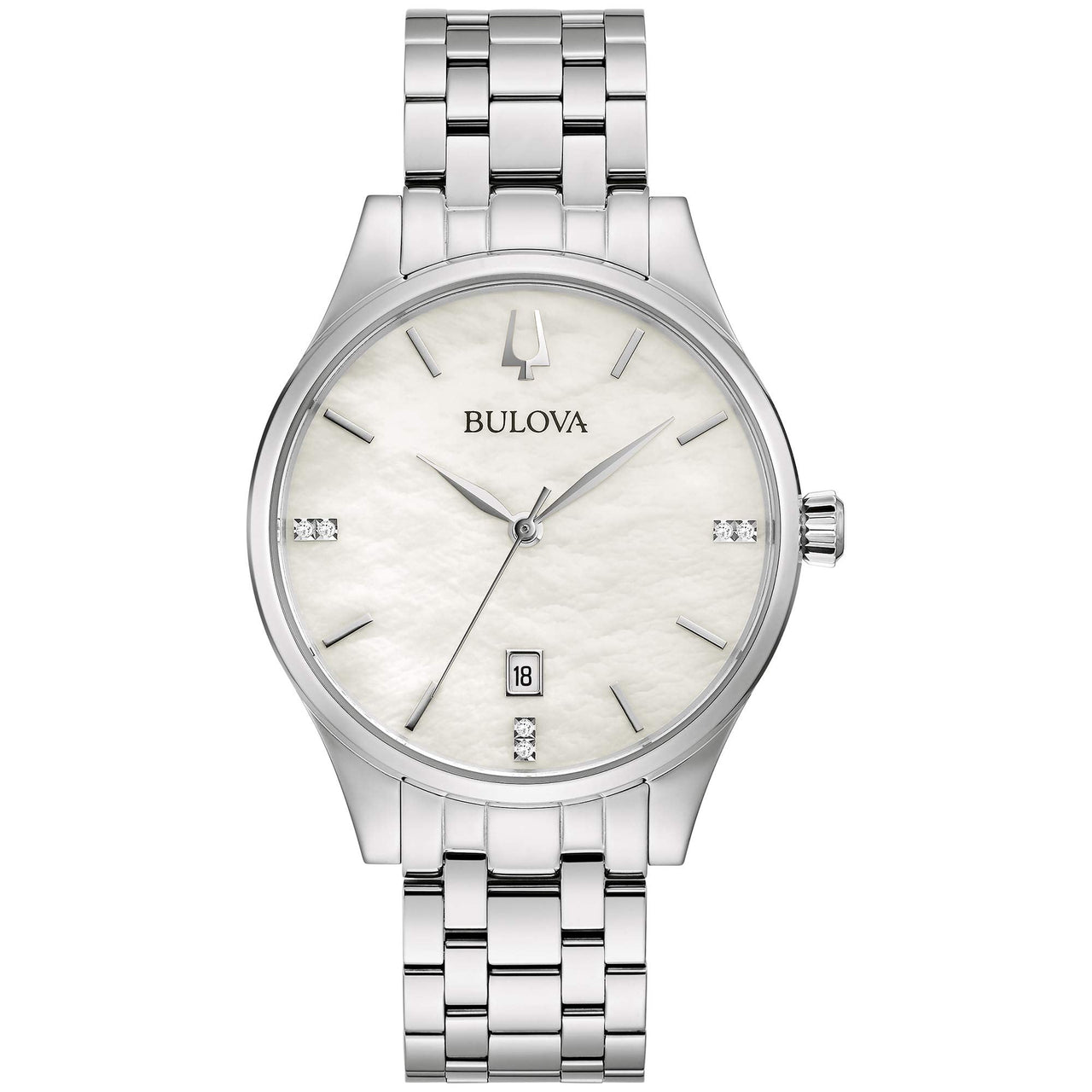 Bulova Ladies Classic Diamond Dial Stainless Steel 3-Hand Calendar Date Quartz Watch White Mother-of-Pearl Style: 96P220