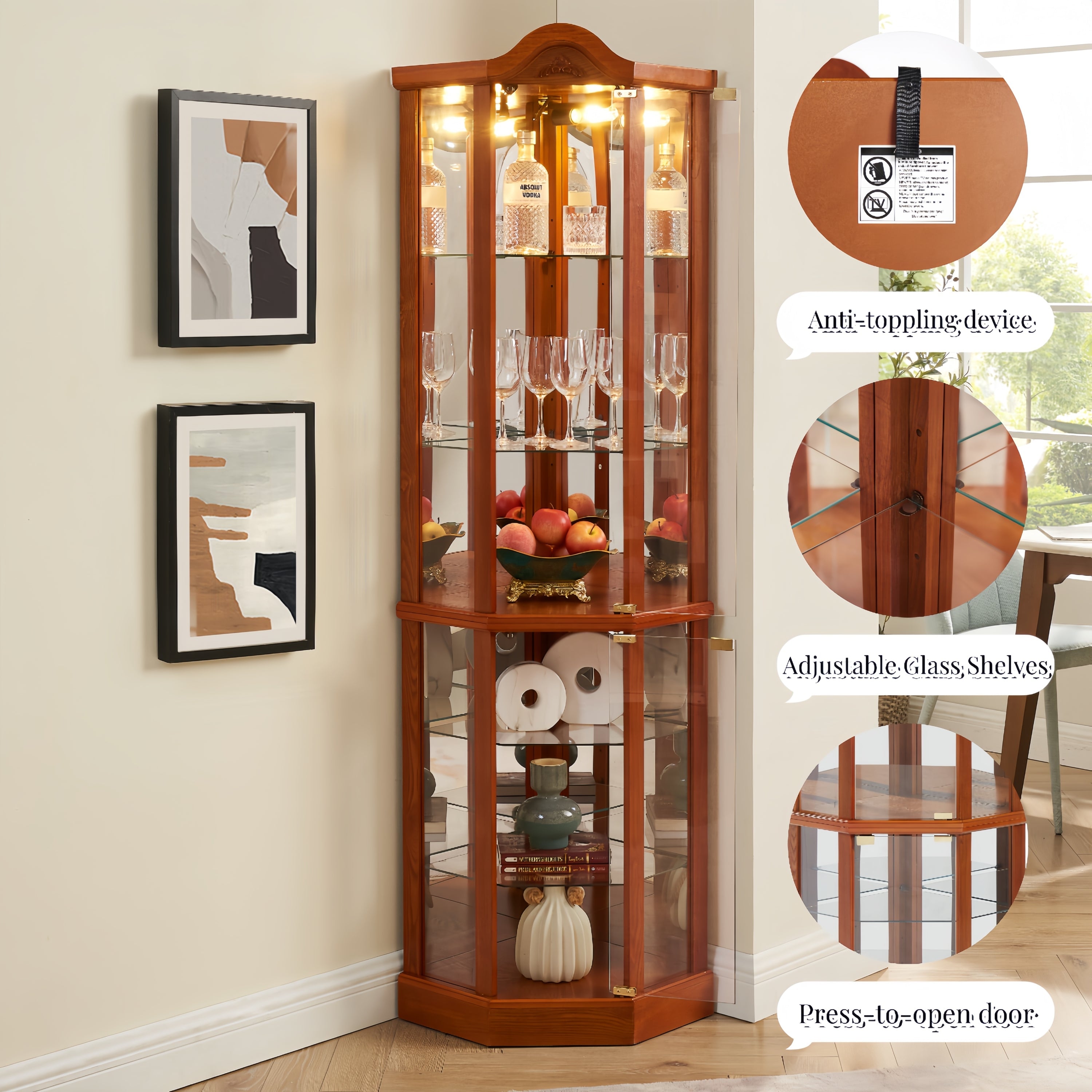 Glass Cabinet Lighted Corner Cabinet Corner Display Curio Cabinet, Glass Display With Light(Included)Bar Cabinet,Wine Cabinet with Adjustable Glass Shelves Carved Decoration OAK Light(Included)