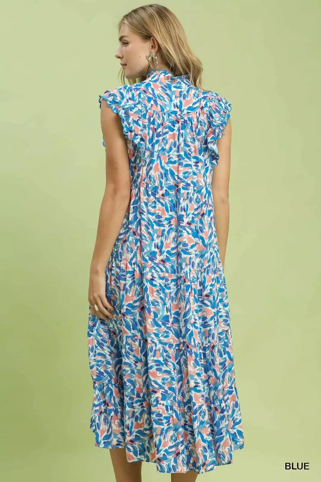 Umgee Leaf Print Midi Tiered Dress with Side Pockets