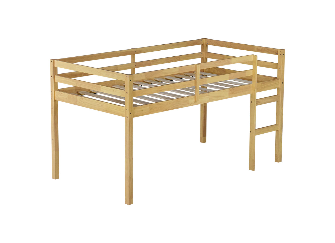 Solid Wooden, Rubber Wooden Twin Loft Bed with Ladder, Bed Platform of Strengthened Slats, Natural