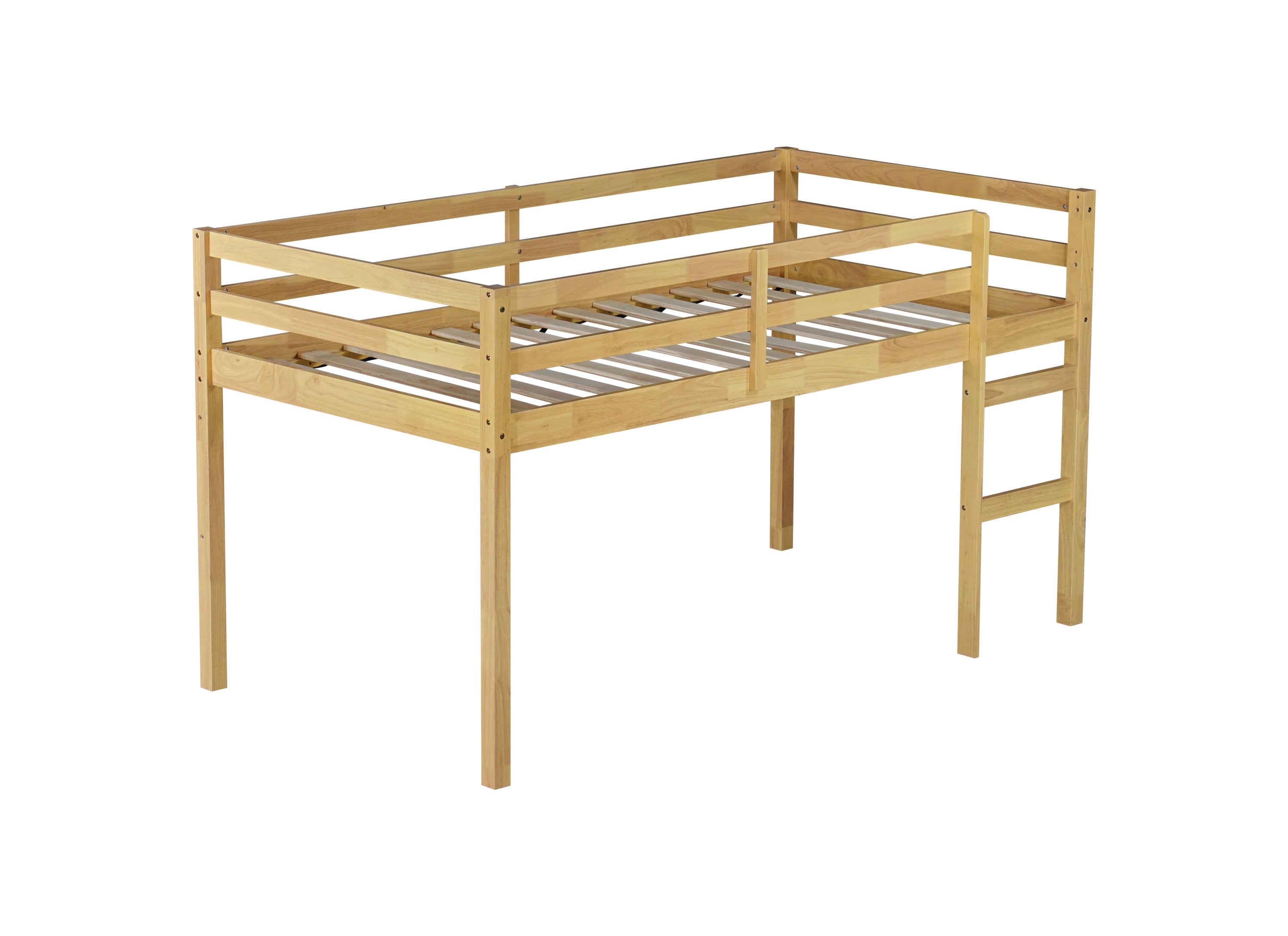 Solid Wooden, Rubber Wooden Twin Loft Bed with Ladder, Bed Platform of Strengthened Slats, Natural