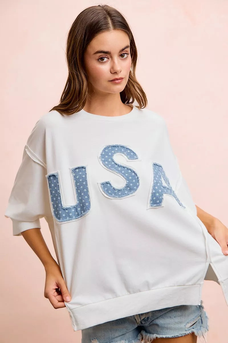 BiBi 4th Of July Usa Letter Patchwork French Terry Top