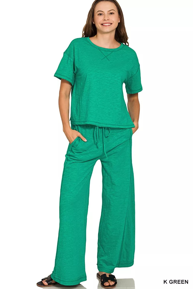 Zenana Cotton Slub Short Sleeve Tee and Pants Set