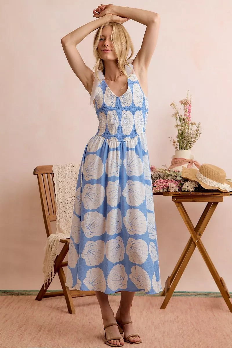 SO ME Shell Smocked Bodice Shoulder Tie Lined Midi Dress