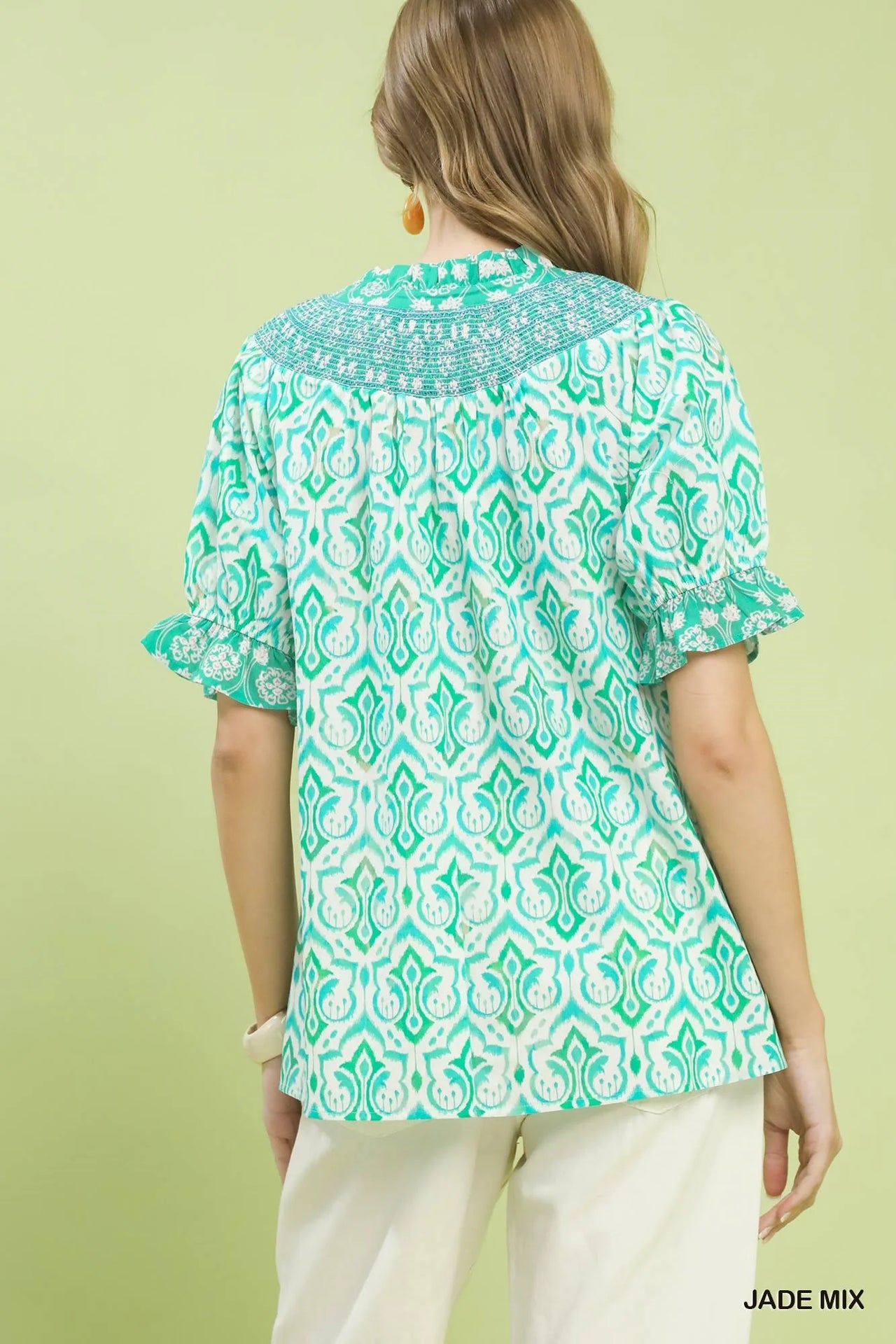 Umgee Mix Boho Puff Sleeve Smocked Top