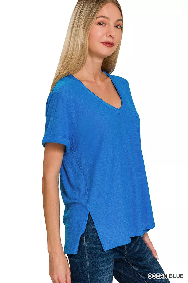 Zenana Slub Rolled Short Sleeve V-Neck Tee