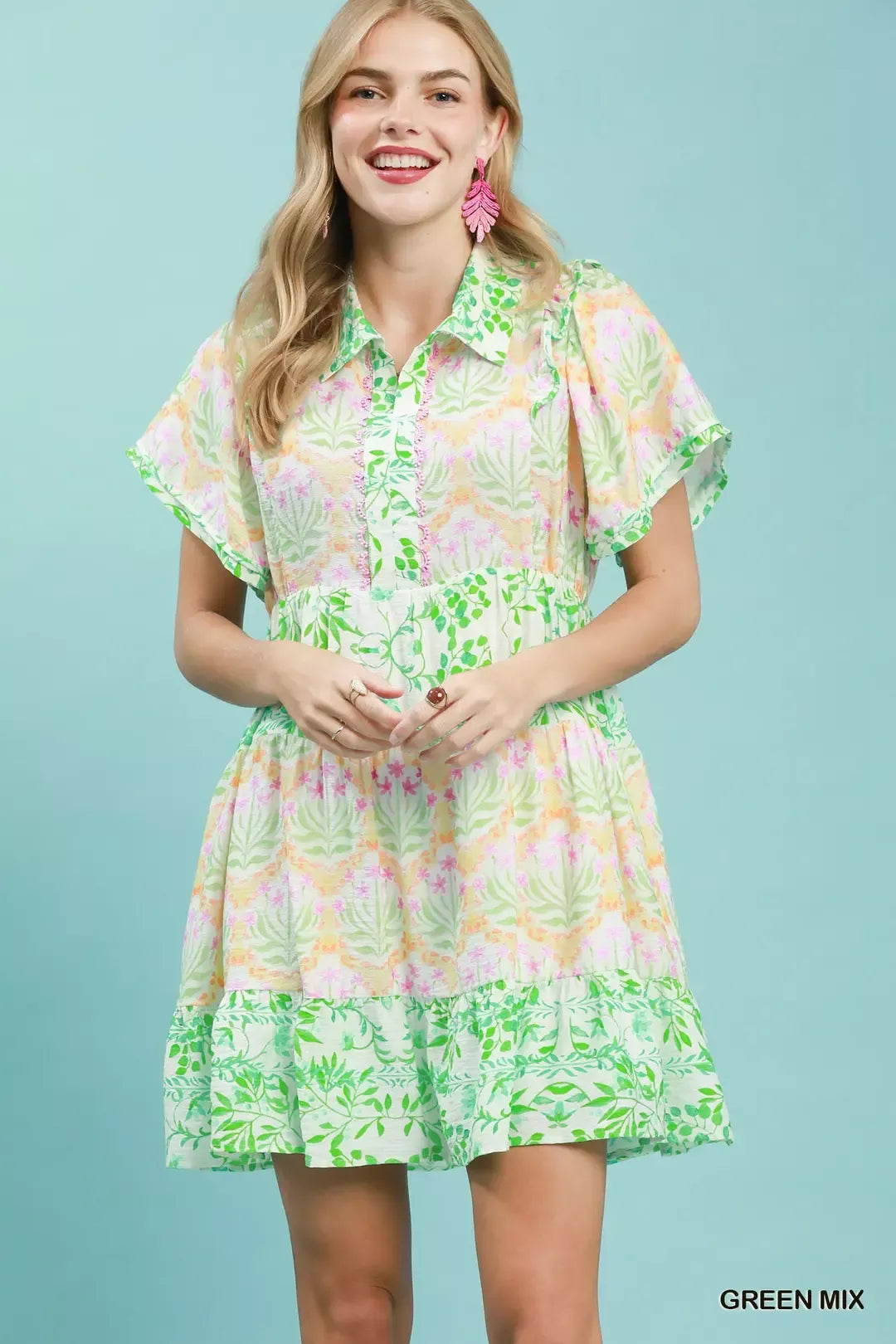 Umgee Mixed Floral Tiered Mini Dress with Flutter Sleeves
