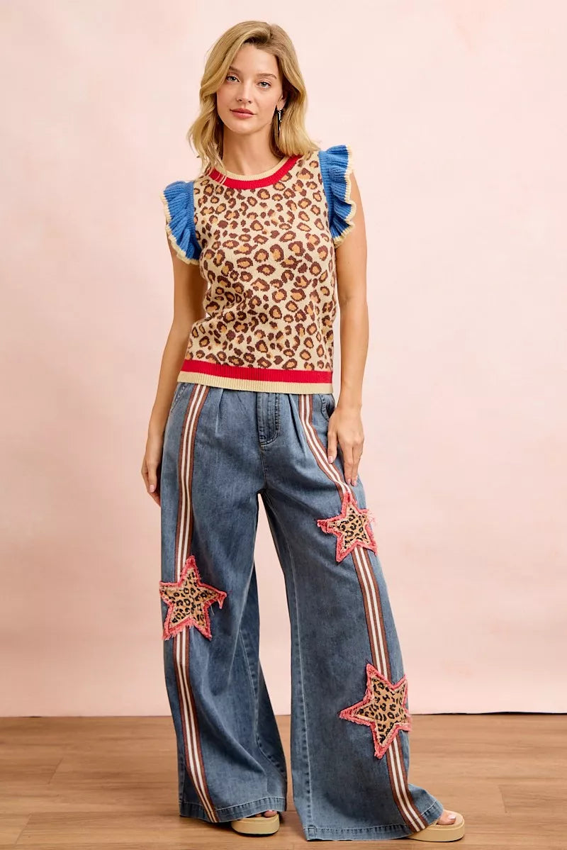BiBi 4th Of July Leopard Ruffled Detail Knit Top