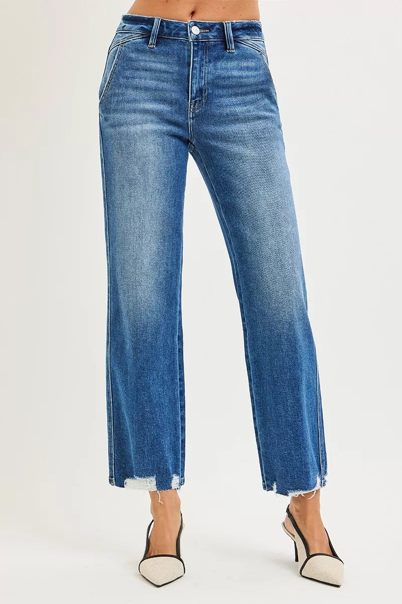 RISEN High Rise Ankle Straight Distressed Hem Detail Jeans