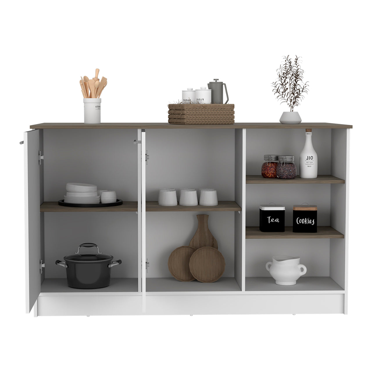 Kitchen Island Two Cabinets, Three Open Shelves, White / Dark Brown