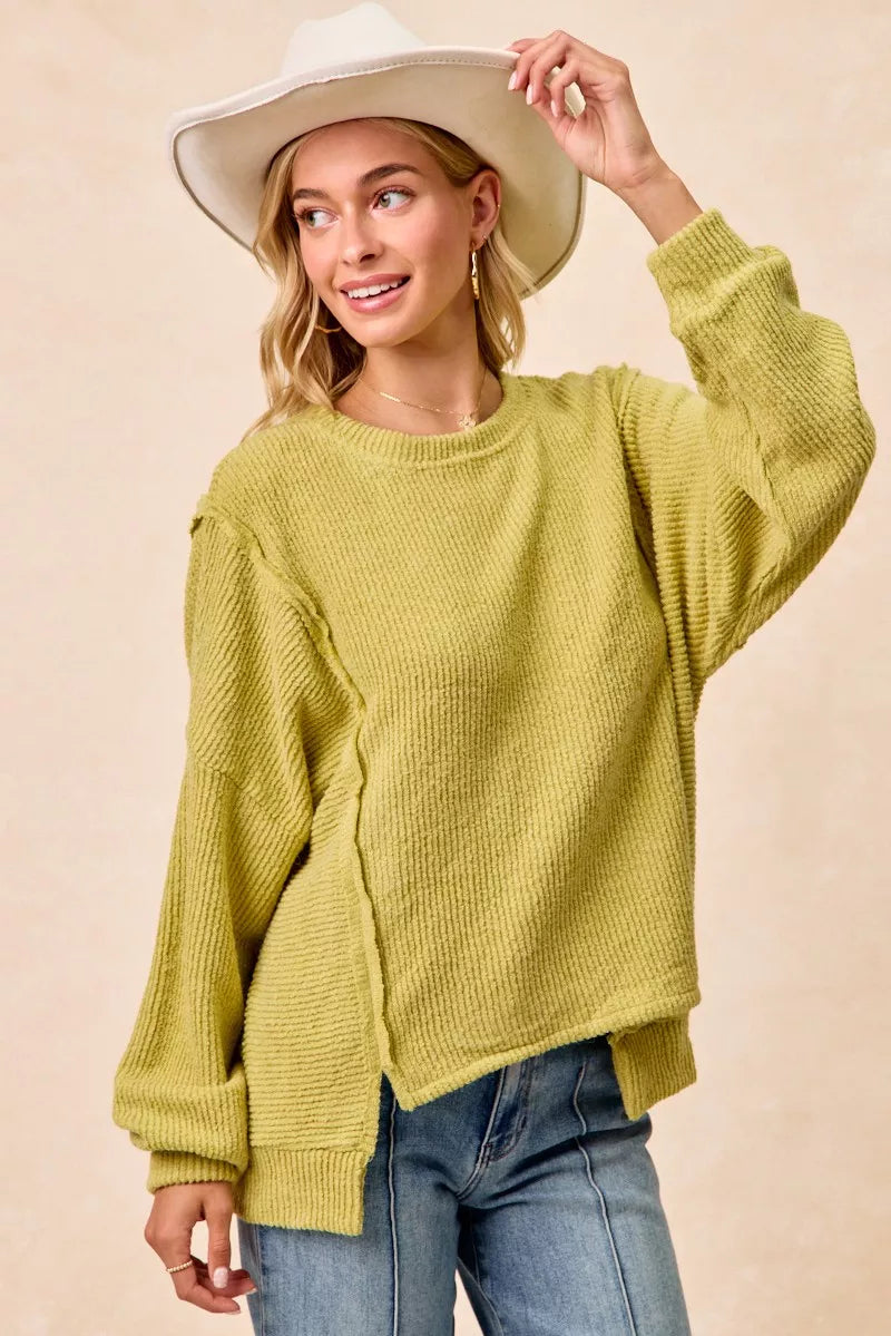 BiBi Boucle Rib Knit Uneven Hem Sweater With Open Seam