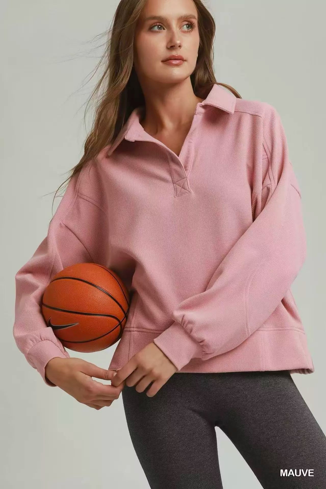 Umgee Brushed Waffle Polo Collared Pullover