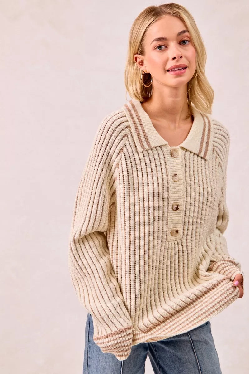 BiBi Half Button Ribbed Two Tone Sweater