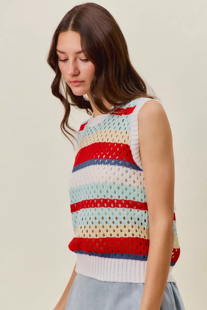 SO ME Tie Back Multi Stripe Sweater Knit Tank Top